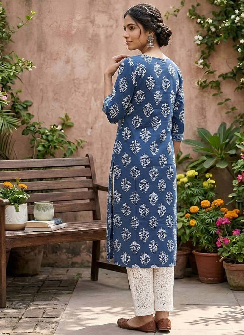 Blue  pure cotton printed kurti for women