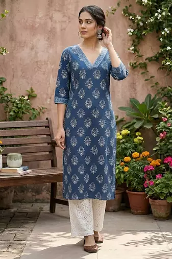 Blue  pure cotton printed kurti for women