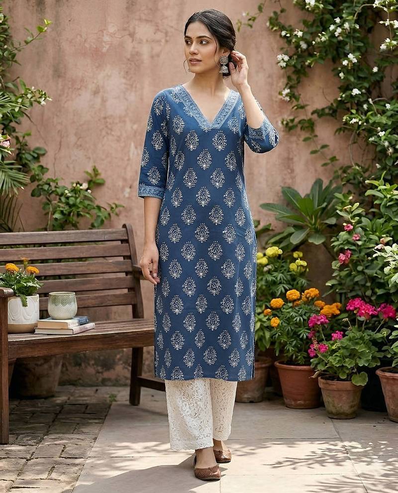 Blue  pure cotton printed kurti for women