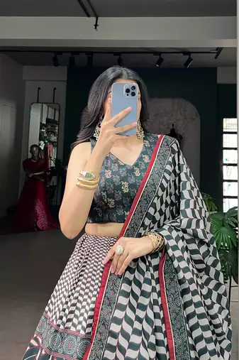 Women's Vaishali Silk Printed Lehenga Choli with Beadswork and Gotta Patti Lace