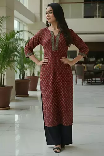 Maroon  pure cotton printed kurti for women