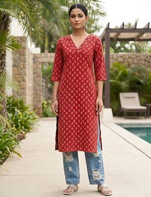 Red  pure cotton printed kurti for women 1