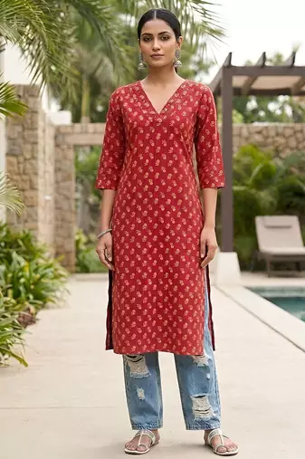 Red  pure cotton printed kurti for women