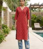 Red  pure cotton printed kurti for women