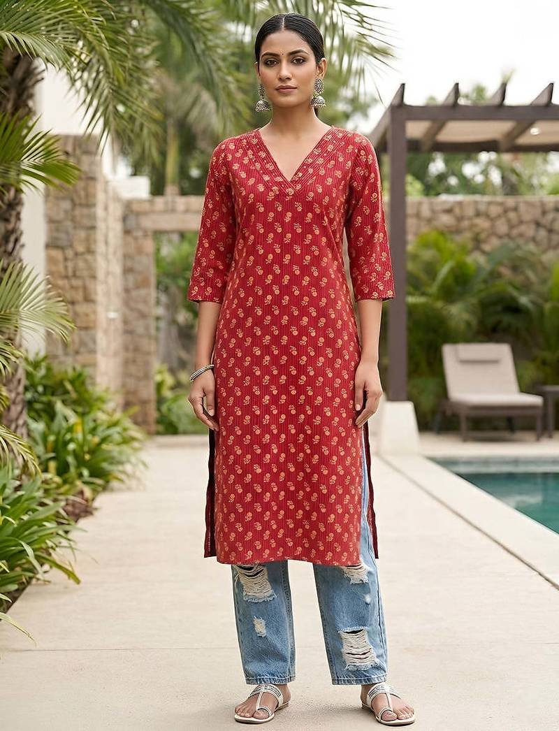 Red  pure cotton printed kurti for women