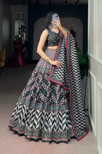Women's Vaishali Silk Printed Lehenga Choli with Beadswork and Gotta Patti Lace