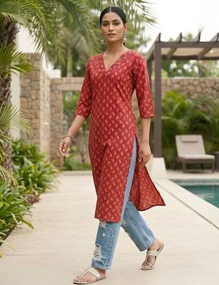 Red  pure cotton printed kurti for women 3