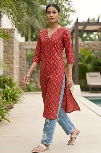 Red  pure cotton printed kurti for women