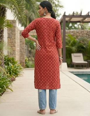 Red  pure cotton printed kurti for women 4