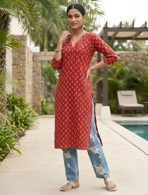 Red  pure cotton printed kurti for women 5
