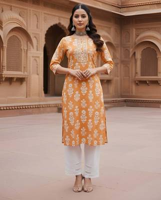 Orange  pure cotton printed kurti for women 1
