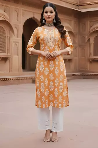 Orange  pure cotton printed kurti for women