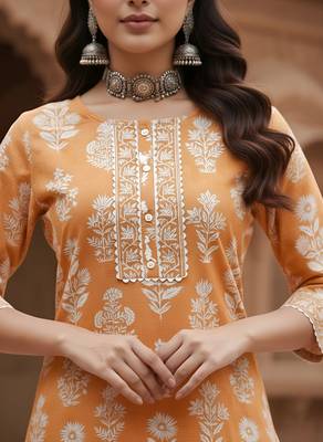 Orange  pure cotton printed kurti for women 2
