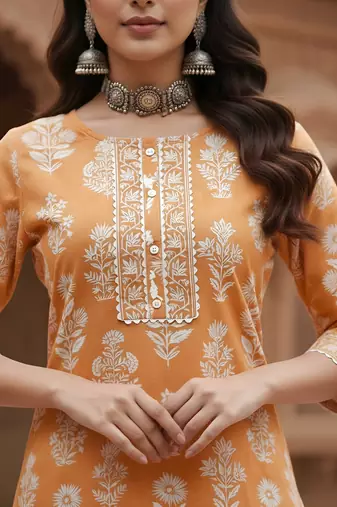 Orange  pure cotton printed kurti for women