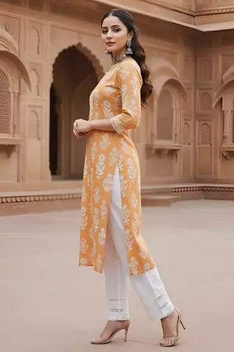 Orange  pure cotton printed kurti for women