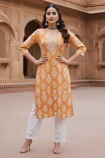 Orange  pure cotton printed kurti for women