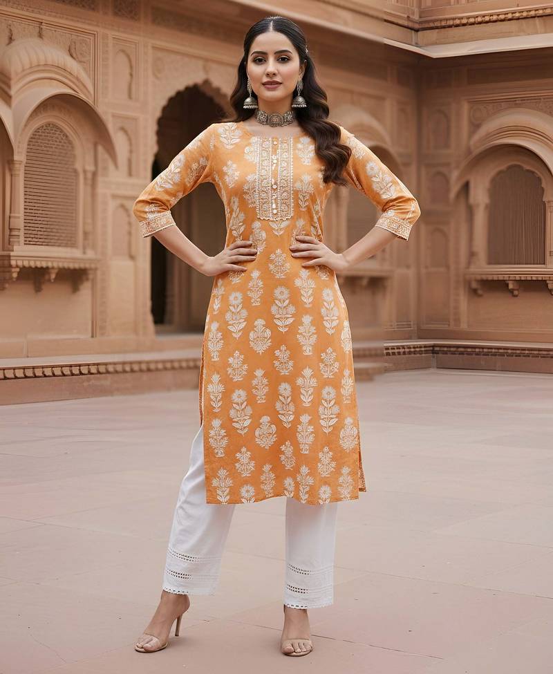 Orange  pure cotton printed kurti for women