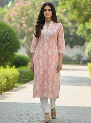 Peach  pure cotton printed kurti for women 1