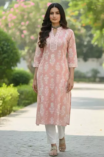 Peach  pure cotton printed kurti for women