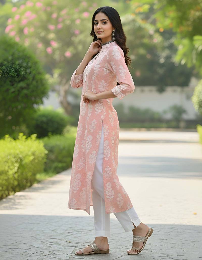 Peach  pure cotton printed kurti for women