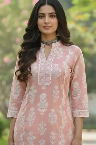 Peach  pure cotton printed kurti for women