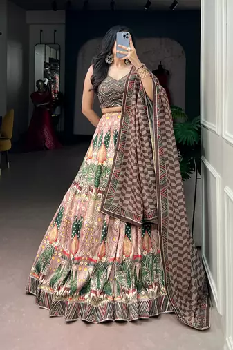Women's Vaishali Silk Printed Lehenga Choli with Beadswork and Gotta Patti Lace