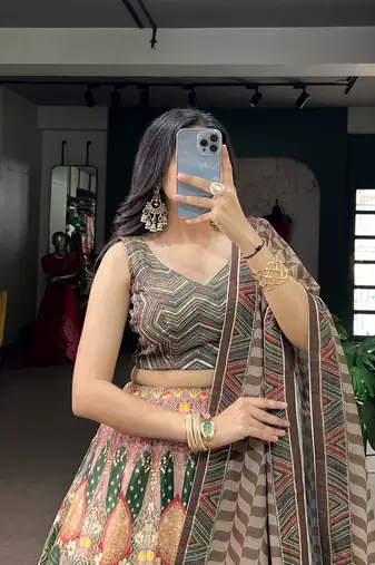 Women's Vaishali Silk Printed Lehenga Choli with Beadswork and Gotta Patti Lace