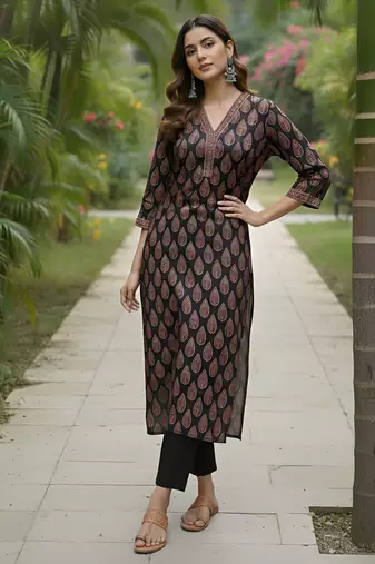 Black  pure cotton printed kurti for women