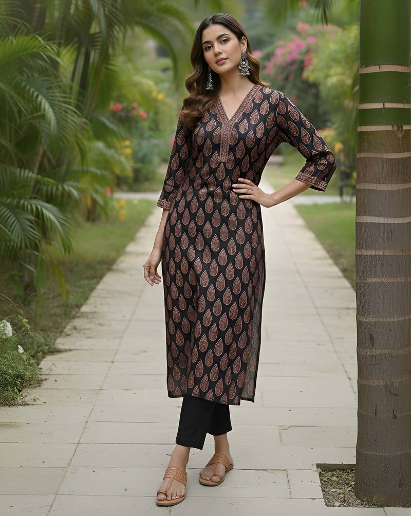 Black  pure cotton printed kurti for women