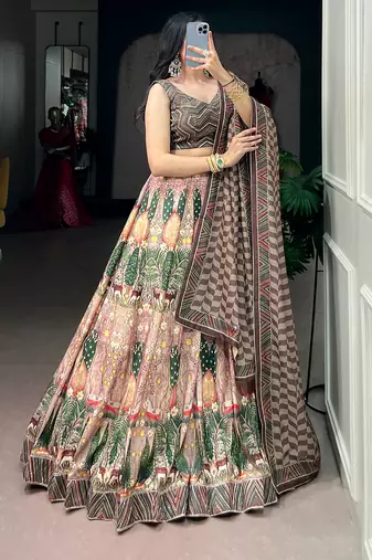Women's Vaishali Silk Printed Lehenga Choli with Beadswork and Gotta Patti Lace