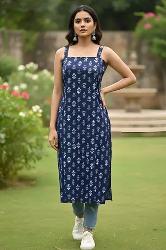Blue  pure cotton printed kurti for women