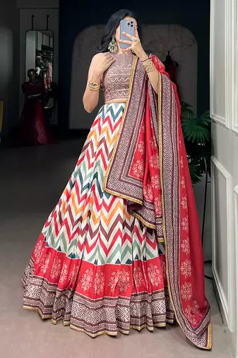 Women's Vaishali Silk Printed Lehenga Choli with Beadswork and Gotta Patti Lace