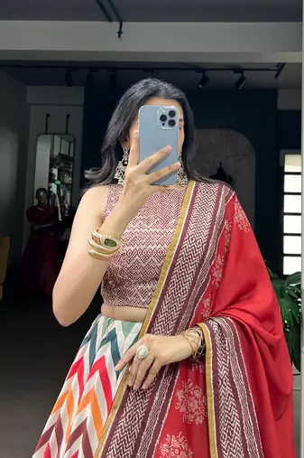 Women's Vaishali Silk Printed Lehenga Choli with Beadswork and Gotta Patti Lace