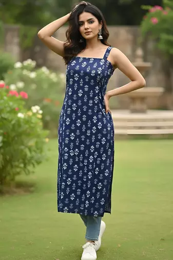 Blue  pure cotton printed kurti for women