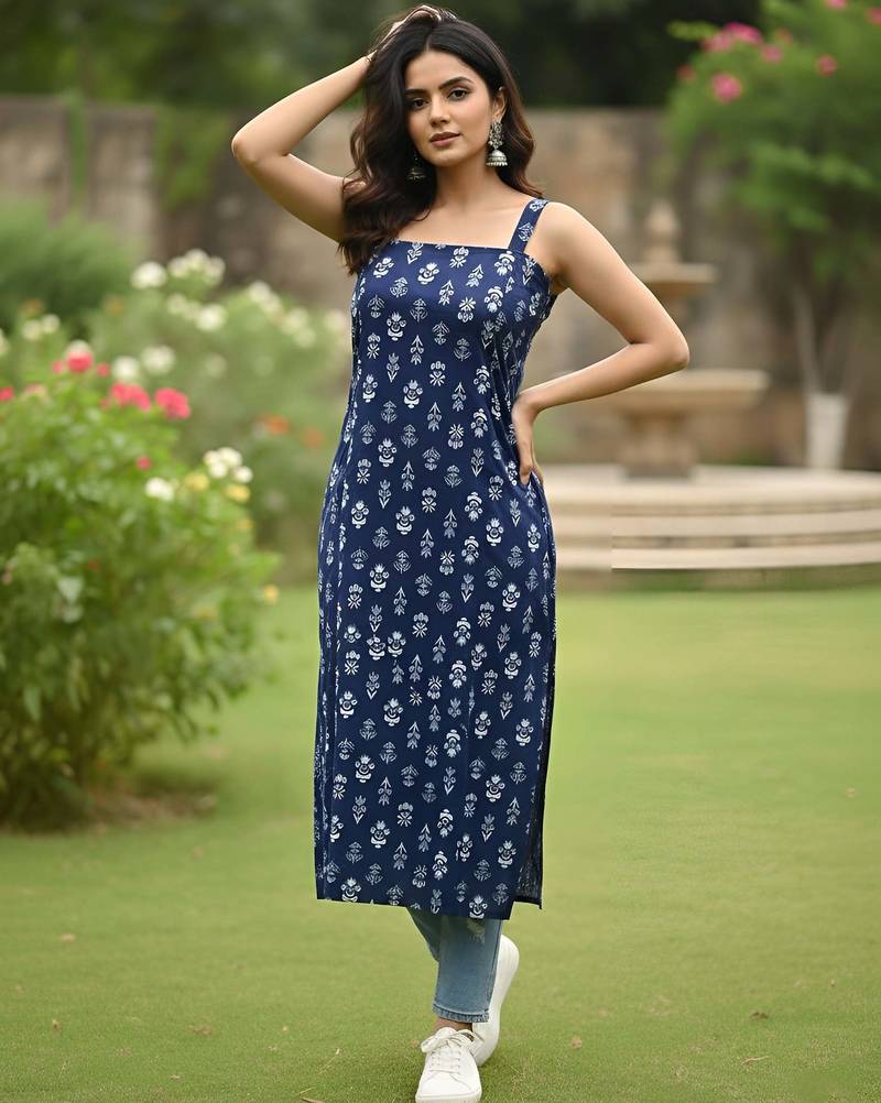 Blue  pure cotton printed kurti for women