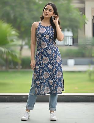 Blue  pure cotton printed kurti for women 1