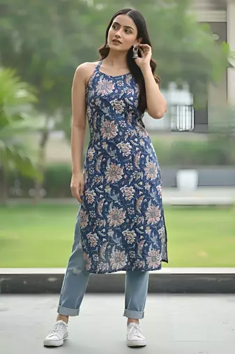 Blue  pure cotton printed kurti for women