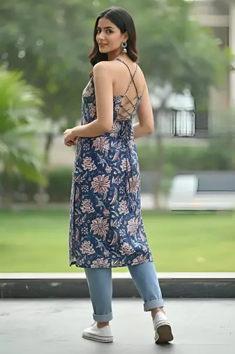 Blue  pure cotton printed kurti for women
