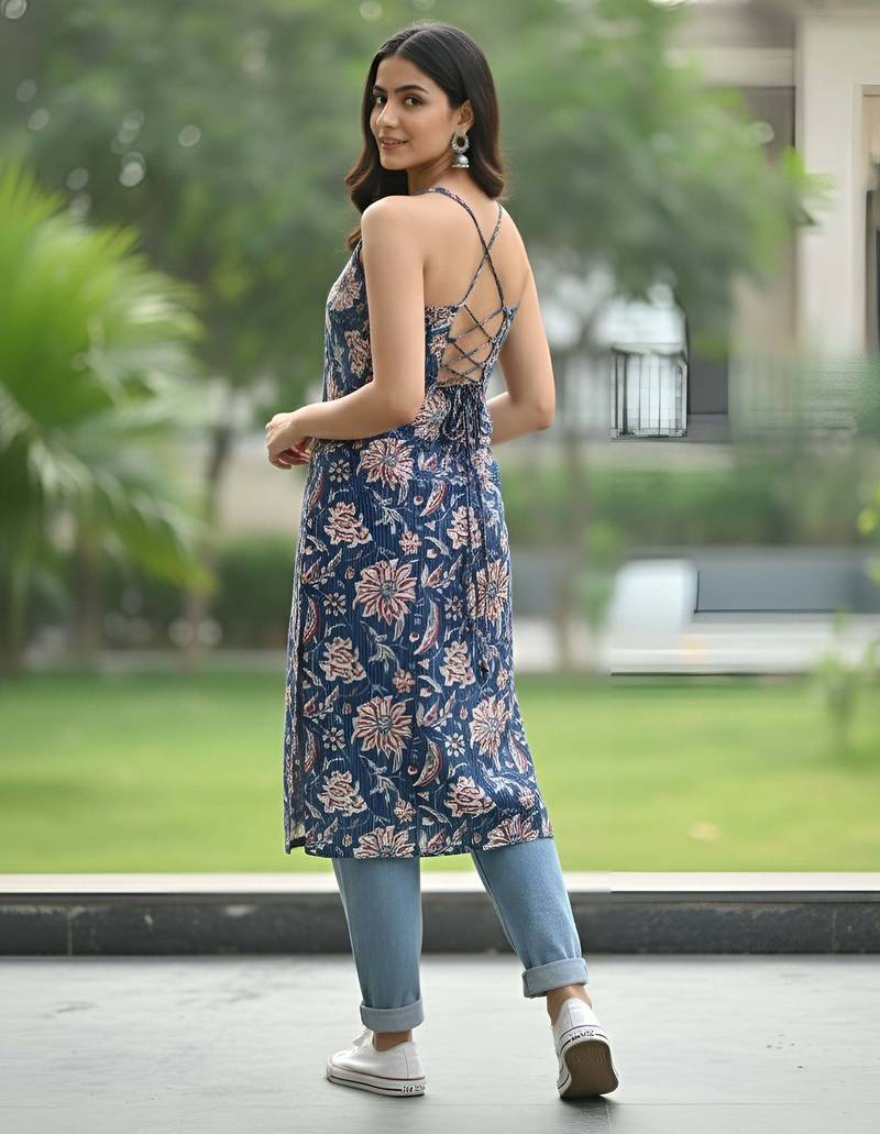 Blue  pure cotton printed kurti for women