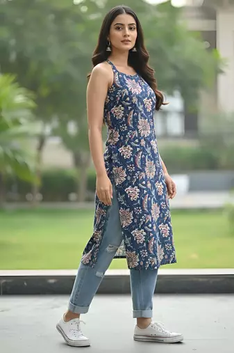 Blue  pure cotton printed kurti for women