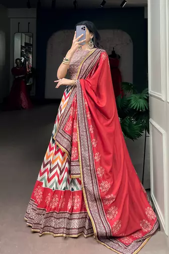 Women's Vaishali Silk Printed Lehenga Choli with Beadswork and Gotta Patti Lace