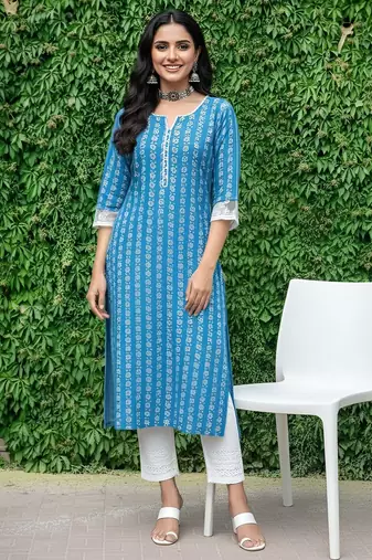 Blue  pure cotton printed kurti for women