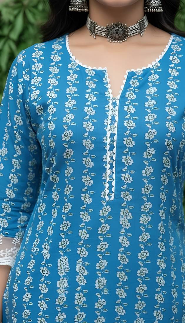 Blue  pure cotton printed kurti for women