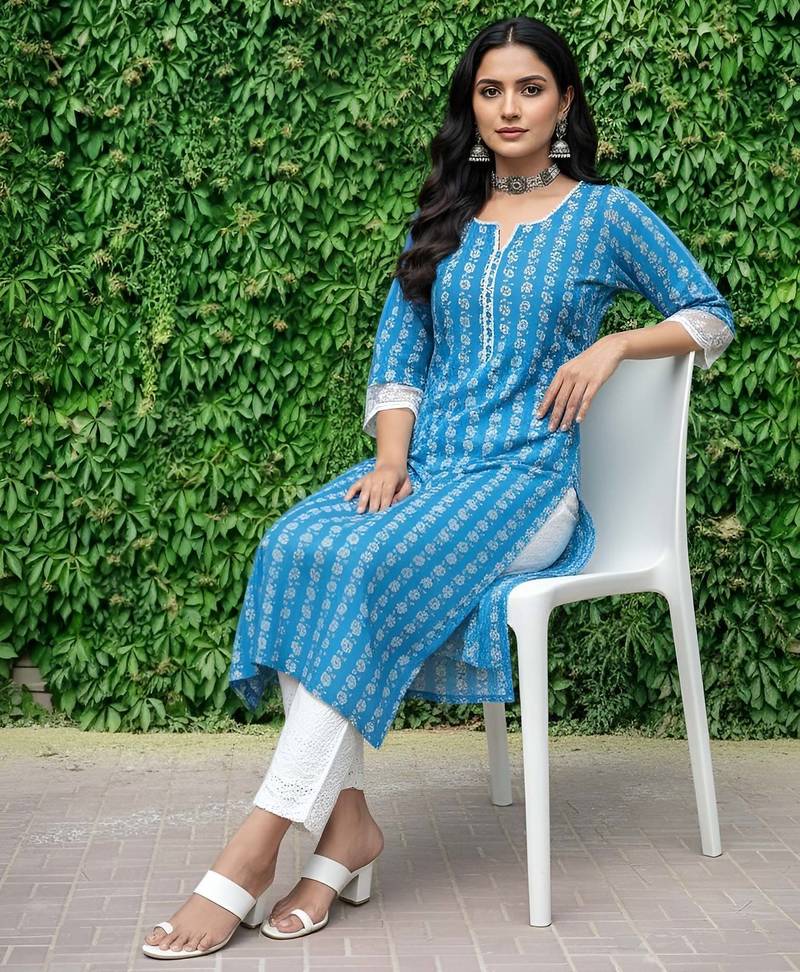 Blue  pure cotton printed kurti for women