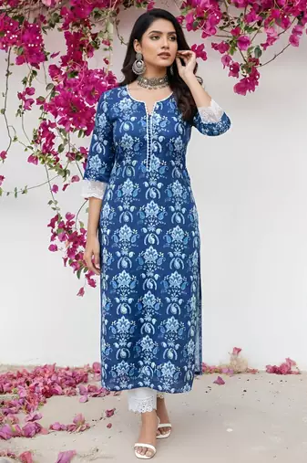 Blue  pure cotton printed kurti for women