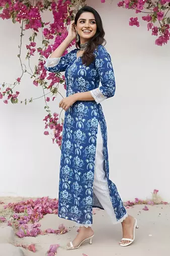 Blue  pure cotton printed kurti for women