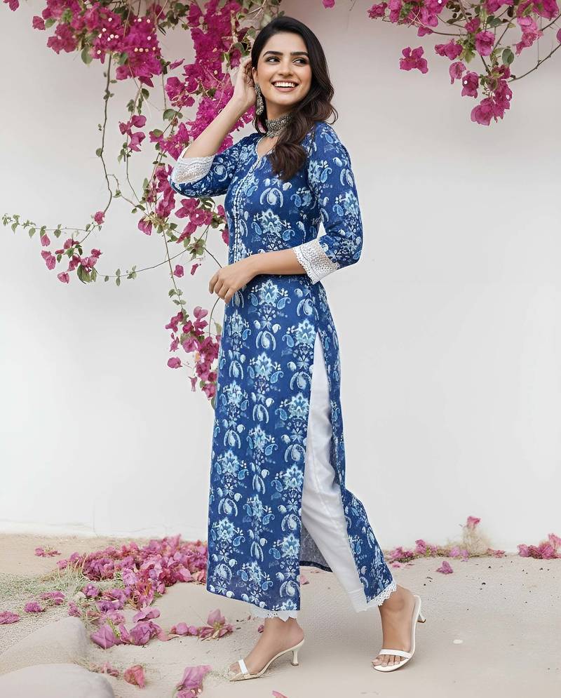 Blue  pure cotton printed kurti for women