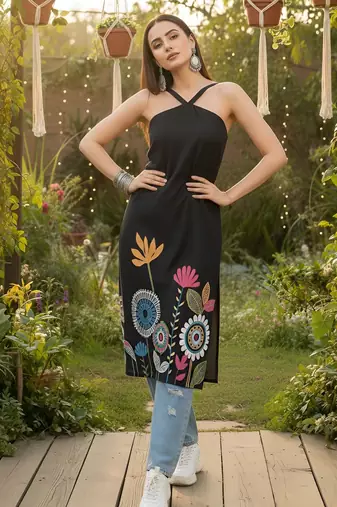 Black  pure cotton printed kurti for women