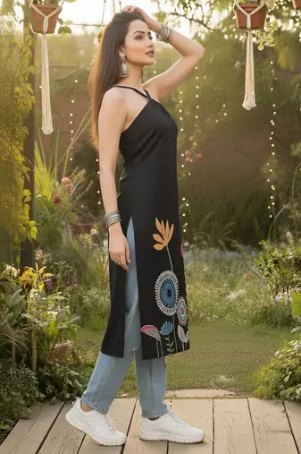Black  pure cotton printed kurti for women