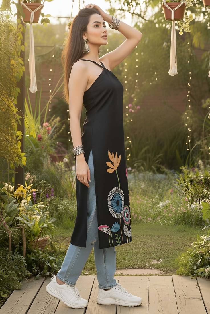 Black  pure cotton printed kurti for women